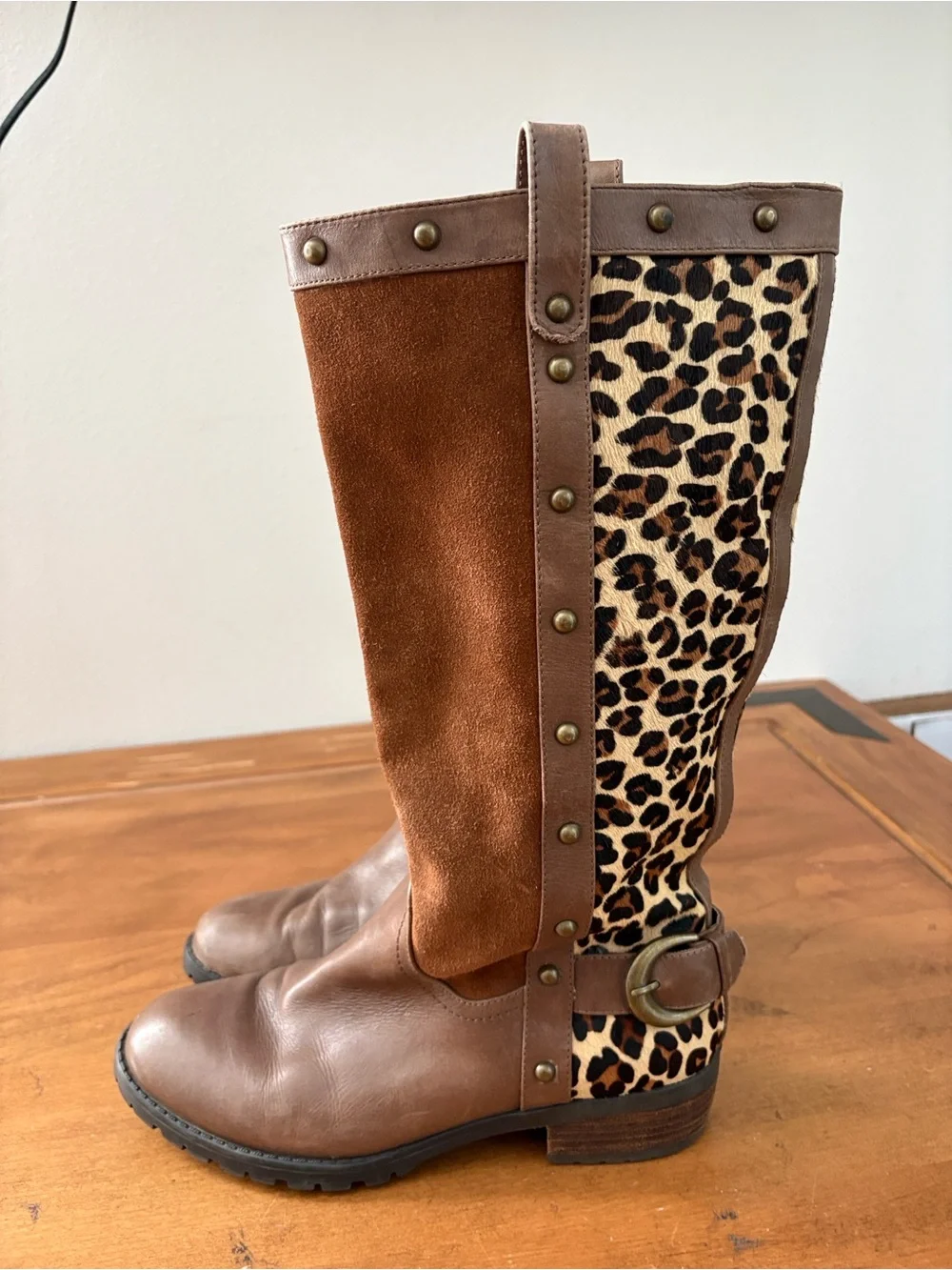 Steve Madden Suede & Leather Knee Boots with Leopard Panel Size 9